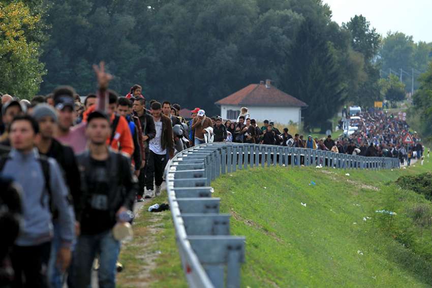 Migrants walk toward the Hungarian border after arriving at the train station in Botovo, Croatia, Oct. 6, 2015. Hungarian lay Catholics have circulated a petition, signed by members of other denominations, urging their country&#039;s churches to stop &quot;closing their eyes&quot; to the plight of refugees.