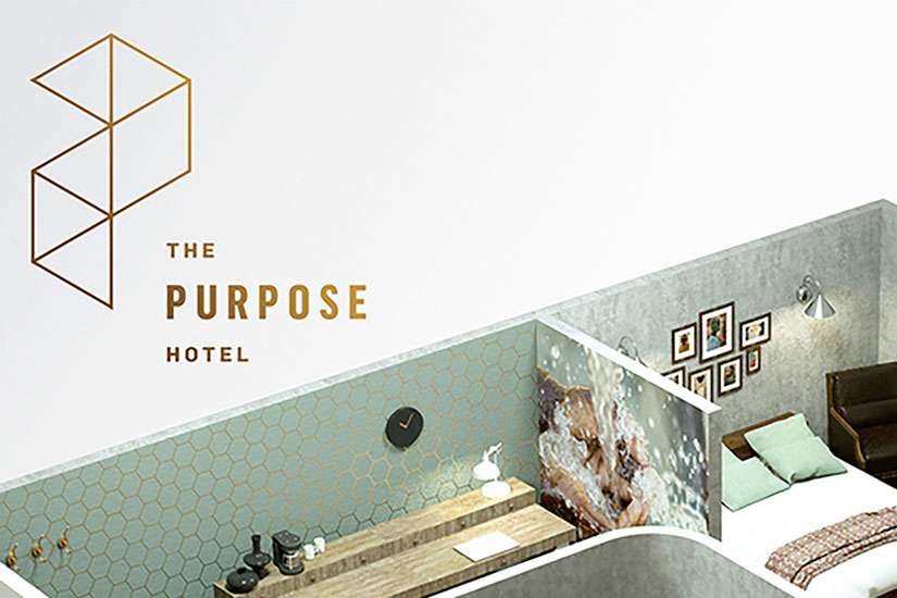 A rendering of a hotel room inside the proposed Purpose Hotel.