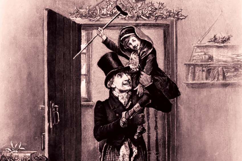 Tiny Tim makes the most of Christmas in this 1870 illustration by Fred Barnard for Charles Dickens’ 1843 classic, A Christmas Carol.