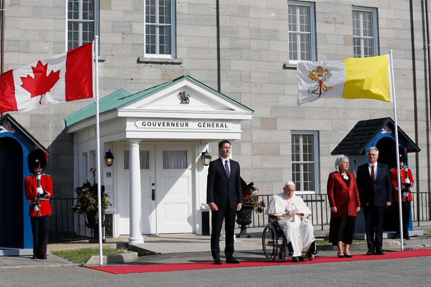 Pope Francis attends a welcoming ceremony with Canadian Prime Minister Justin Trudeau and Mary Simon, governor general of Quebec, at Citadelle de Quebec, the residence of the governor general in Quebec City, July 27, 2022.