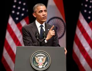 U.S. President Barack Obama addresses a gathering at Siri Fort Auditorium in New Delhi Jan. 27. An Indian Catholic leader welcomed the parting message of Obama, who reiterated freedom of religion as a fundamental right.