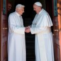 Retired Pope Benedict XVI greets Pope Francis at the Vatican May 2. The 86-year-old retired pontiff, who had been staying at the papal summer villa in Castel Gandolfo since retiring Feb. 28, returned to the Vatican to live in a monastery in the Vatican Gardens.
