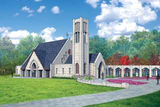 This is a rendering of a Nebraska retreat centre planned by the Cloisters on the Platte Foundation, which includes a stone chapel.