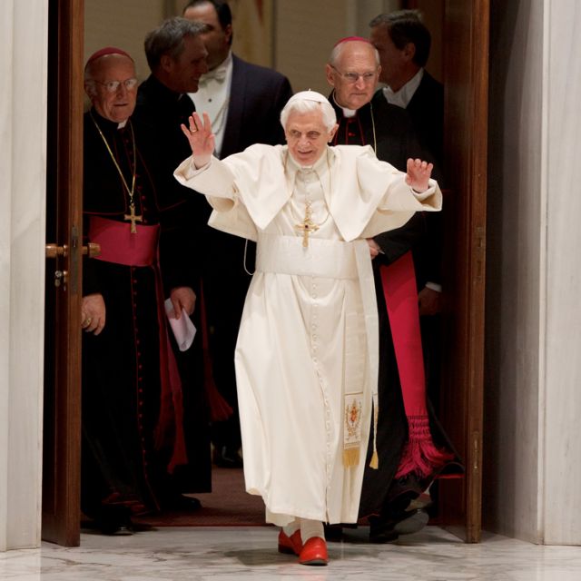 Pope Benedict XVI arrives to lead his general audience in Paul VI hall at the Vatican Feb. 22.