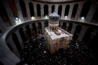 he restored Edicule is seen during a ceremony marking the end of restoration work on the site of Jesus&#039;s tomb at the Church of the Holy Sepulcher March 22.