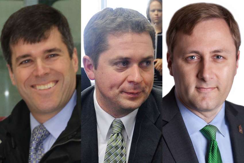 The top three preferred candidates in the Conservative leadership as ranked by pro-life group Right Now are former M.P. Pierre Lemieux, left, M.P. Andrew Sheer, centre, and M.P. Brad Trost.
