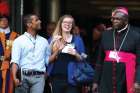 Canadian synod collaborators Prevain Devendran, left, and Allyson Kenny leave a session of the synod Oct 5. 