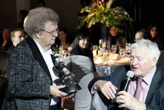 Sr. Alice Walsh receives Catholic Missions In Canada’s St. Joseph Award from former Canadian prime minister John Turner.