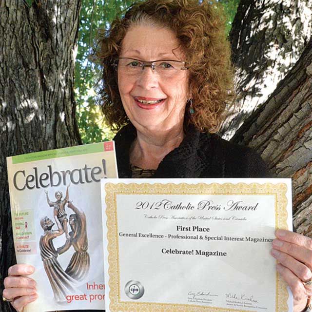 Edmonton-based editor of Celebrate! Bernadette Gasslein displays the magazine’s final issue along with a recent award from the Catholic Press Association.