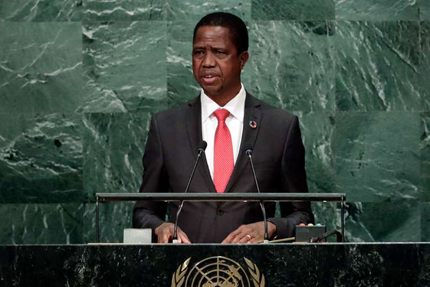 Zambian President Edgar Chagwa Lungu speaks in 2016 at the United Nations General Assembly headquarters in New York. Zambia&#039;s bishops&#039; conference joined other faith leaders in deploring worsening tensions in the east African country, accusing its president of intimidating opponents and silencing the media.