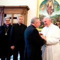 Pope Francis is greeted during a meeting with members of the Lutheran World Federation at the Vatican Oct. 21. 