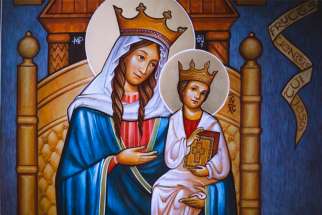 Following his weekly audience at the Vatican Feb. 12, 2020, Pope Francis blessed this &quot;Dowry Painting&quot; of Our Lady of Walsingham, the Catholic national shrine dedicated to Mary in Norfolk, England.