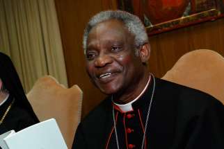 Cardinal Peter Turkson, president of the Pontifical Council for Justice and Peace, and Orthodox Metropolitan John of Pergamon, hold copies of Pope Francis&#039; encyclical on the environment last summer.
