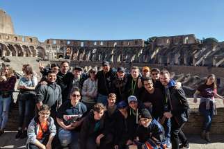 Students from Chaminade College School pose inside of the Colosseum in Rome. Seventeen students spent their March break visting churches and historical sites across Europe.