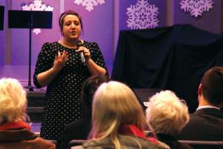 Alissa Golob speaks at the Westwood Community Church in Coquitlam, B.C., on Feb. 27. 