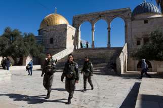 Israeli Border Police patrol the the site in Jerusalem&#039;s Old City known as Haram al-Sharif by Muslims and that Jews refer to as the Temple Mount Nov. 6. Recent tensions at the site, which is important to the faith life of Jews and Muslims, led the Counci l of Religious Institutions of the Holy Land to call for calm, saying that attachments to holy places should not be a cause of bloodshed, hatred or violence.