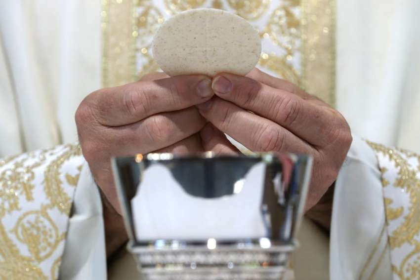 A priest holds the Eucharist in this illustration.