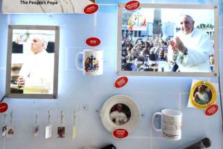 Souvenirs are displayed in early November in preparation for Pope Francis&#039; Jan. 13-15 papal visit to Sri Lanka, at the Catholic Bookshop in Colombo, Sri Lanka. Church officials confirmed the visit will proceed as scheduled, despite its proximity to presidential elections. 