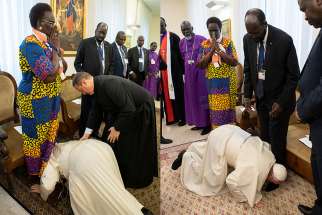 Pope Francis kisses the feet of South Sudan Vice President Rebecca Nyandeng De Mabior, left, and South Sudan President Salva Kiir, right, April 11, 2019, at the conclusion of a two-day retreat at the Vatican for African nation&#039;s political leaders. The pope begged the leaders to give peace a chance. 