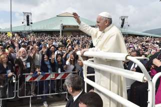 Pope Francis greets people in Loppiano, Italy, May 10. He encouraged the members and friends of the Focolare movement to hold true to their founders&#039; missions and Jesus&#039; example of being close to the people. 