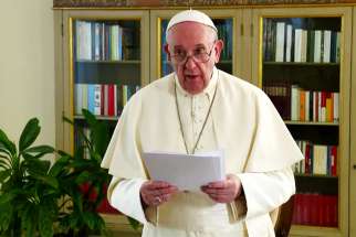 Pope Francis delivers a prerecorded address to the 75th session of the U.N. General Assembly; the recording from the Vatican&#039;s Apostolic Palace was aired Sept. 25, 2020.