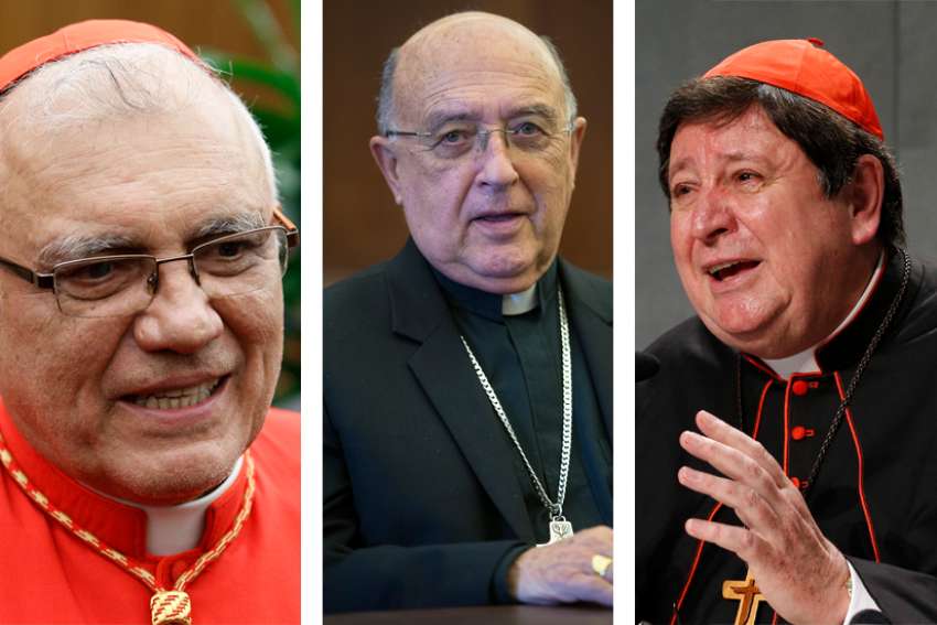 Pope Francis named three delegate presidents for the Oct. 6-27 Synod of Bishops for the Amazon. Pictured in a combination photo: Cardinals Baltazar Porras Cardozo, 74, of Merida, Venezuela; Pedro Barreto Jimeno, 75, of Huancayo, Peru; and Joao Braz de Aviz, 72, prefect of the Congregation for Institutes of Consecrated Life and Societies of Apostolic Life.