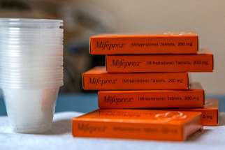 Boxes of mifepristone, the first pill given in a medical abortion, are pictured in a Jan. 13 photo.