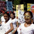 Young women take part in a demonstration calling for an end to violence against women in San Salvador last year. El Salvador has the highest homicide rate for females in the world.
