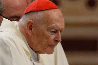 Then-Cardinal Theodore E. McCarrick attends a Mass in Rome April 13, 2018. The retired archbishop of Washington faces a canonical trial on allegations he sexually abused a minor and seminarians some years ago. Pope Francis accepted his resignation from the College of Cardinals July 28. 
