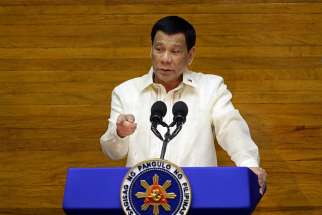  Philippine President Rodrigo Duterte delivers his State of the Nation address July 23 at the House of Representatives in Manila. 