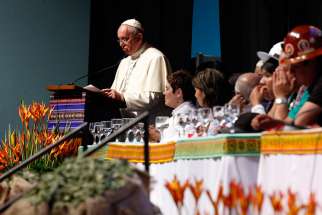 Pope Francis speaks at the second World Meeting of Popular Movements in Santa Cruz, Bolivia, July 9. 