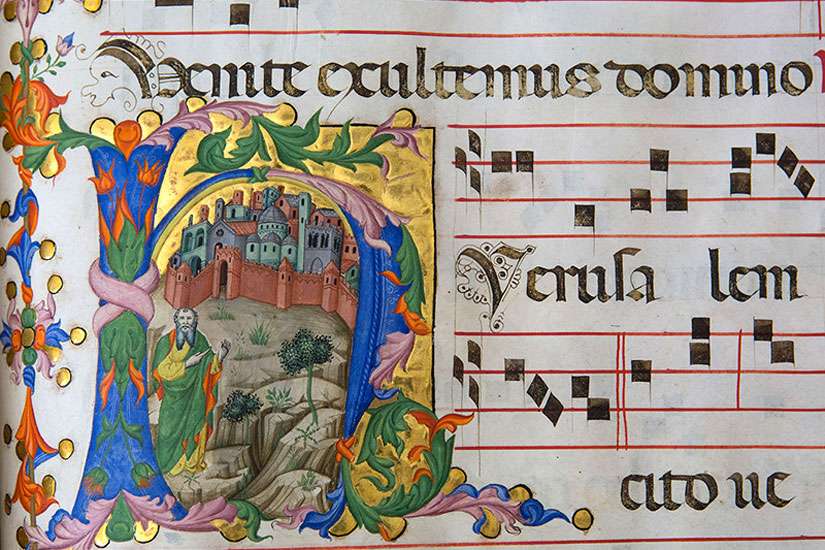 “The Prophet Isaiah at the Walls of Jerusalem” from three volumes of an antiphonary made for the Franciscan community of Bethlehem Venice, ca. 1401–4.