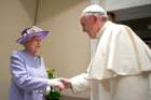Pope Francis greets Britain&#039;s Queen Elizabeth II during a meeting at the Vatican in this April 3, 2014, file photo. The pope sent well-wishes to the queen on the occasion of her Platinum Jubilee celebration marking 70 years on the throne.
