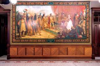 Murals by Luigi Gregori that adorn the ceremonial entrance to the University of Notre Dame’s main building, depicting the life and exploration of Christopher Columbus, are to be covered. 