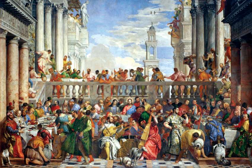 Paolo Vernonese’s The Wedding Feast at Cana (1563). It was the miracle that inaugurated the messianic age as Jesus turned six jars of water into wine.