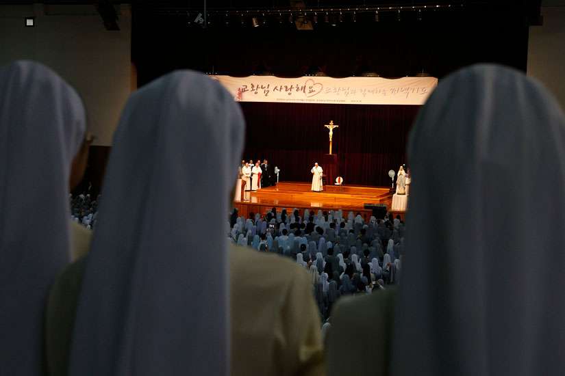 Pope Francis speaks as he leads a meeting with representatives of religious communities working in South Korea during an encounter in Kkottongnae, South Korea on Aug. 16.