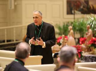 Cardinal Daniel N. DiNardo of Galveston-Houston, president of the U.S. Conference of Catholic Bishops, speaks at the conclusion of a prayer service at Mundelein Seminary Jan. 2 at the University of St. Mary of the Lake in Illinois, near Chicago. The U.S. bishops began their Jan. 2-8 retreat at the seminary, which comes as the bishops work to rebuild trust in the wake of their handling of clergy sex abuse. 