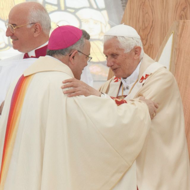 Pope Benedict XVI greets Archbishop Charles J. Chaput of Philadelphia at the end of the closing Mass of the World Meeting of Families in Milan June 3. The Pope announced that the Archdiocese of Philadelphia will host the next World Meeting of Families in 2015.