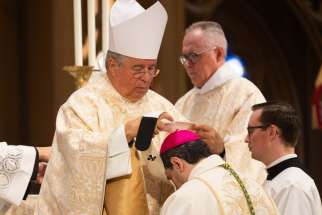 Archbishop Francis Leo of Toronto receives his pallium at a Mass in St. Michael&#039;s Cathedral Basilica, Toronto, Sept. 29, 2023.