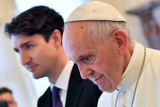 Pope Francis meets Prime Minister Justin Trudeau during a private audience May 29. Trudeau asked the Pope for an apology for the Church’s role in residential schools.
