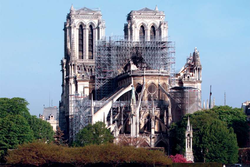 Notre-Dame Cathedral is seen April 18, 2019, after a massive fire devastated large parts of the Catholic Gothic structure in Paris three days earlier. Architect Donald MacDonald said cathedrals are “in danger of becoming museums without a soul.”