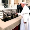 Pope Francis blesses Timothy Schmalz’s Jesus the Homeless sculpture. Schmalz donated his sculpture to the Vatican Archives.
