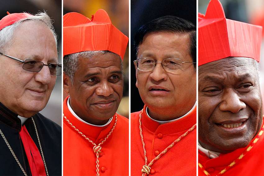 Pictured are four cardinals who have been appointed by Pope Francis to preside over sessions of the October 2018 Synod of Bishops on young people, the faith and vocational discernment. From left are Chaldean Catholic Patriarch Louis Sako of Baghdad, Iraq; Cardinal Desire Tsarahazana of Toamasina, Madagascar; Cardinal Charles Bo of Yangon, Myanmar; and Cardinal John Ribat of Port Moresby, Papua New Guinea. 