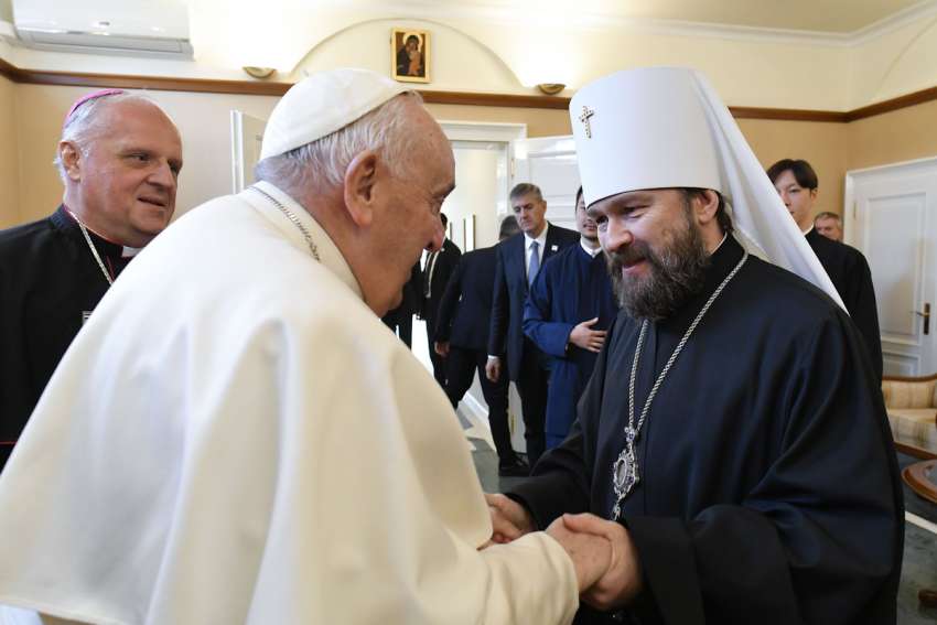 Pope Francis meets with Russian Orthodox Metropolitan Hilarion of Budapest and Hungary, the former head of external relations for the Moscow Patriarchate, in the Vatican nunciature in Budapest April 29, 2023.