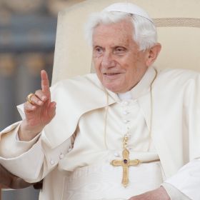Pope Benedict XVI acknowledges pilgrims during his general audience in St. Peter&#039;s Square at the Vatican April 25.