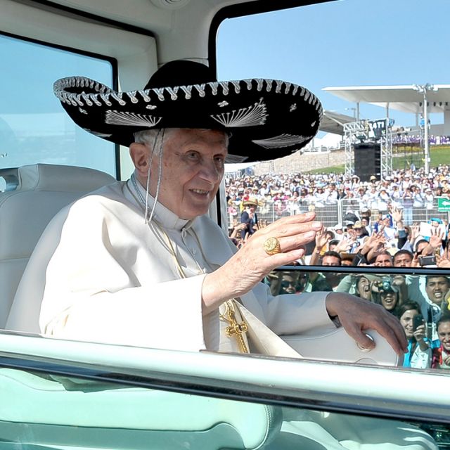 Pope Benedict XVI, wearing a sombrero, arrives to celebrate Mass at Bicentennial Park in Silao, Mexico, March 25.