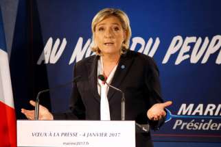 Marine Le Pen, French far-right National Front (FN) party president, member of European Parliament and candidate for French 2017 presidential election, speaks during a New Year wishes ceremony to the media in Paris, France, January 4, 2017. 
