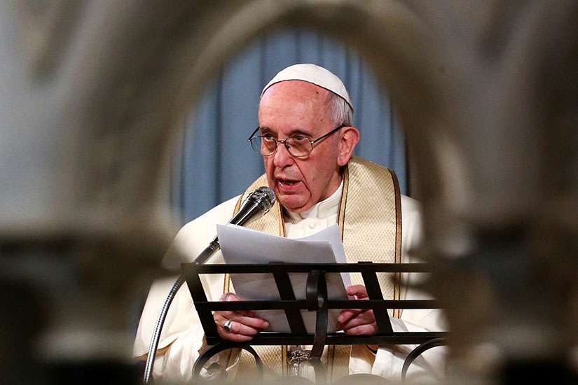 Pope Francis speaks during a visit to All Saints&#039; Anglican Church in Rome Feb. 26.