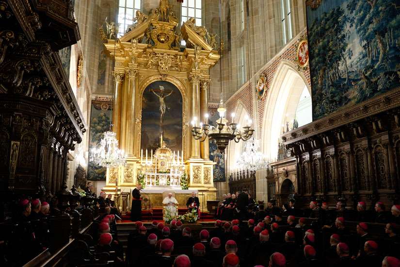 Pope Francis meets with Poland&#039;s bishops at the cathedral in Krakow, Poland, July 27.