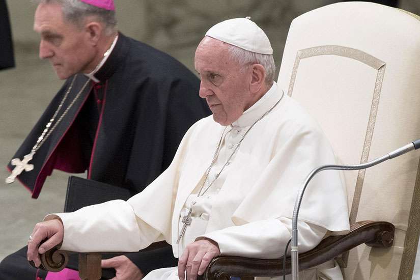 Pope Francis leads an audience with Huntington&#039;s disease patients at the Vatican May 18.